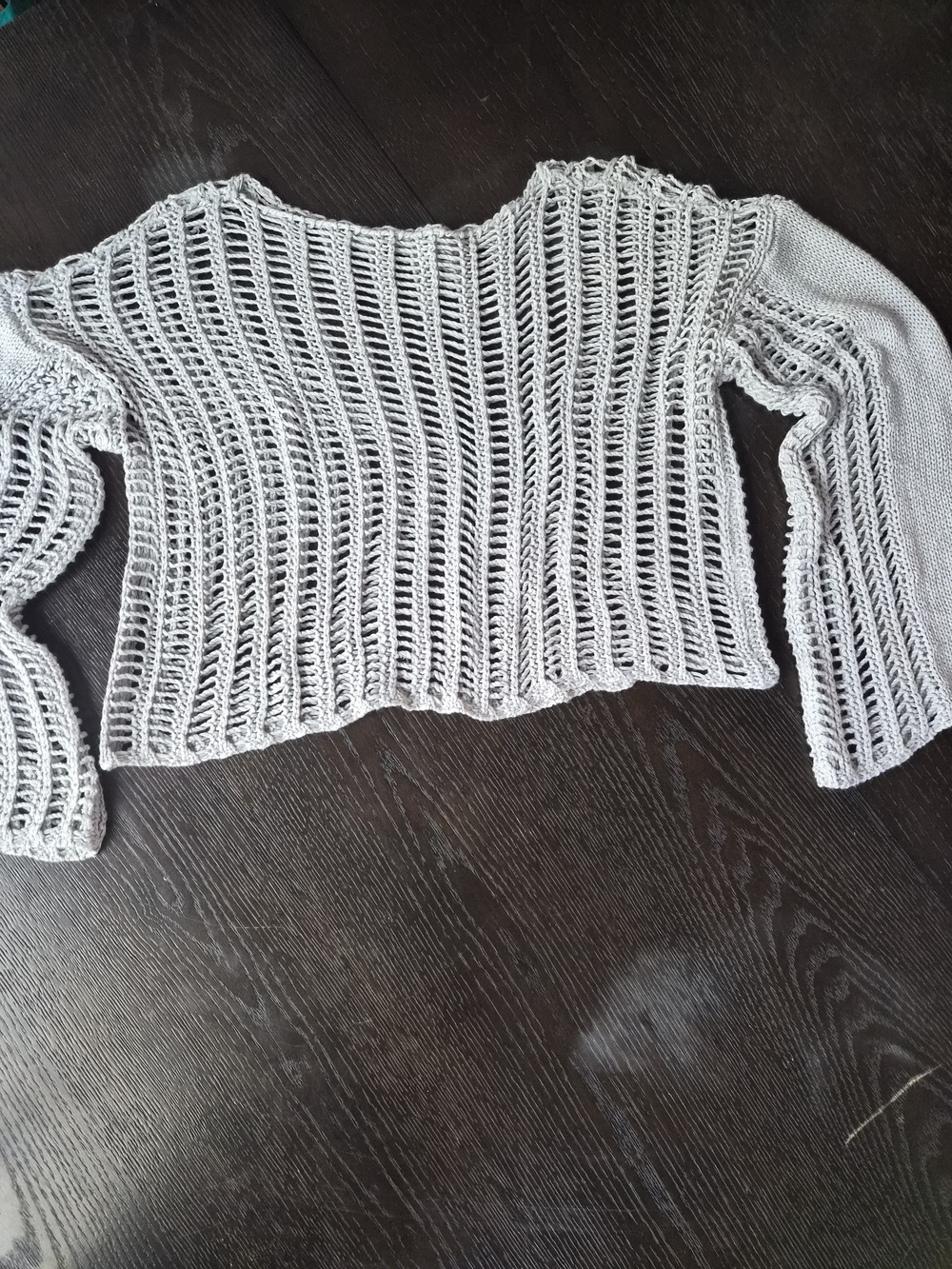 Off-Shoulder Open-Knit Crop Sweater in Light Gray